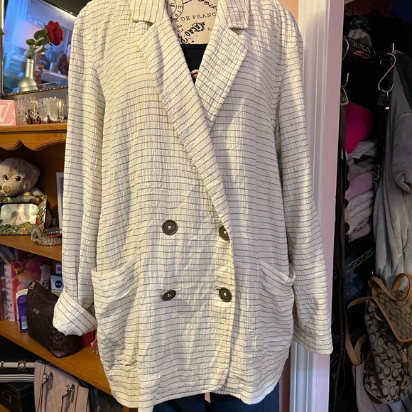 Anthropologie Cartonnier Women's White Double Breasted Striped Blazer Jacket - Picture 3 of 13